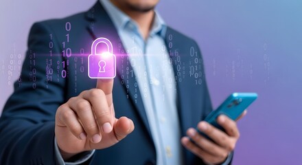 Cyber security protection: man securing data with lock icon on mobile phone