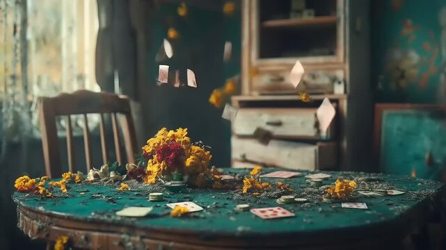 Abandoned game room with scattered cards and wilted flowers in gloomy light