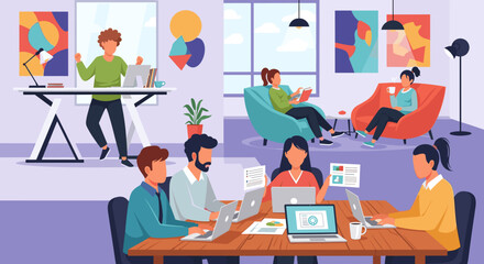 Diverse team collaborating in a modern, creative office space. Perfect for illustrating teamwork, innovation, and modern workplaces.