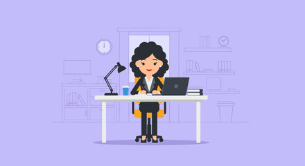 Businesswoman working at her desk in a modern office. Ideal for website banners, presentations, and brochures.