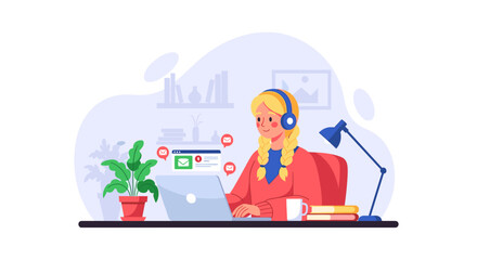 Young woman working from home, using laptop and headset, perfect for website banners or blog posts about remote work.