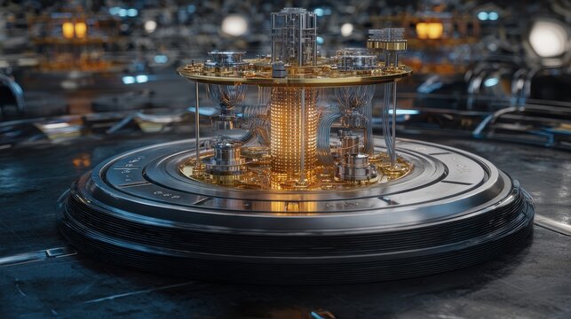 Quantum computer with glowing elements, data viz in lab for science posters, tech articles, or digital art. Modern and complex.