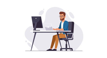 Man working on laptop and desktop computer at office desk.  Ideal for website banners, presentations, and blog posts about remote work, productivity, or technology.