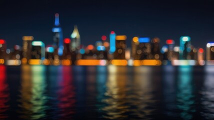 Night cityscape reflected in calm water, blurred lights creating a dreamy, urban atmosphere.