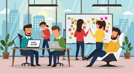 Happy diverse team brainstorming ideas in a modern office. Perfect for illustrating teamwork, collaboration, and innovation in business presentations.
