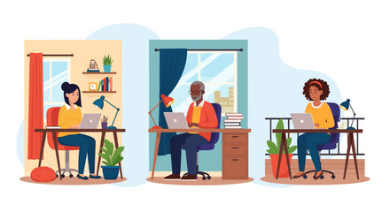 Diverse team working remotely from home offices, perfect for illustrating work-from-home concepts.