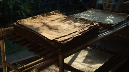Handmade paper drying on racks, fiber textures, soft light for educational kits, artisanal promotions, or cultural exhibits. Calm and textured.