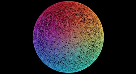 Complex Geometric Sphere with Vibrant Rainbow Gradient Against a Black Background