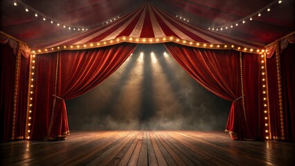 Vintage circus stage with red curtains and spotlight