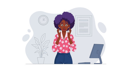 Surprised young Black woman in office setting; perfect for websites, social media, or blog posts about stress, deadlines, or unexpected news.