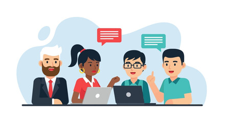 Diverse team collaborating on laptops, perfect for websites or presentations about teamwork, communication, and brainstorming.