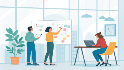 Team brainstorming session in a modern office, ideal for project management or teamwork presentations.