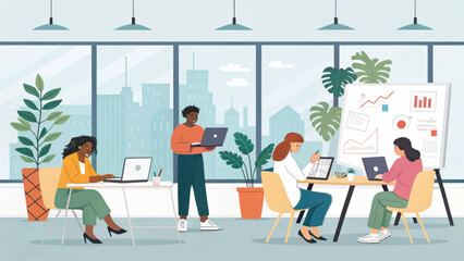 Diverse team collaborating in a modern office, perfect for illustrating teamwork, business success, and innovation.