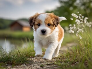 Cute puppy running in field