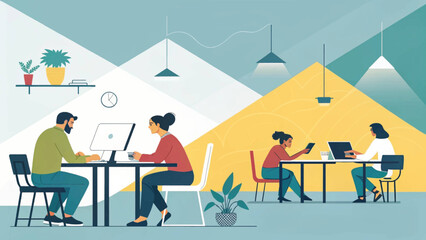 Diverse team collaborating in a modern co-working space. Ideal for website banners, marketing materials, or presentations about teamwork.