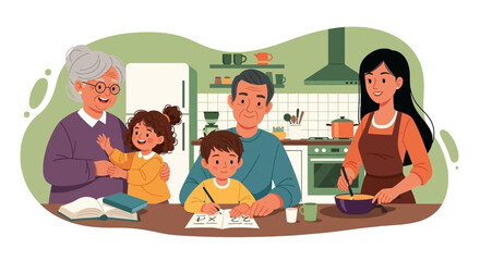 Multigenerational family in the kitchen: children doing homework, grandparents reading, mother cooking. Ideal for family blogs, educational websites, or family-themed campaigns.