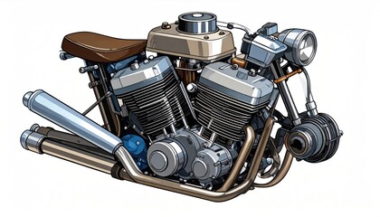 Fototapeta premium Detailed illustration of a custom motorcycle engine