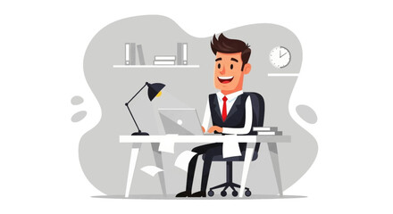 Happy businessman working on laptop at office desk, perfect for website banners or business presentations.