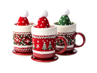 Three festive christmas mugs with santa hats and winter patterns isolated on transparent background
