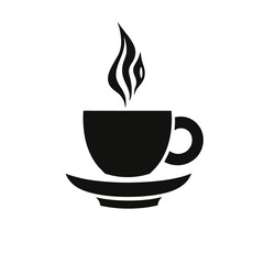 Minimalist black silhouette icon of a steaming hot coffee cup on a saucer. Symbol of a morning beverage, cafe break, and aroma.