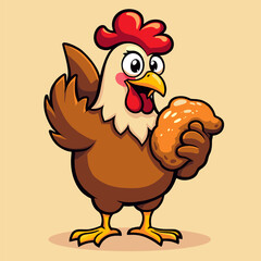 A whimsical cartoon chicken character holding a piece of fried chicken. Funny and ironic mascot illustration for restaurants or food brands.