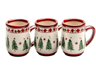 Three festive ceramic mugs with christmas tree designs isolated on transparent background