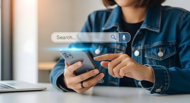 Mobile phone search: woman using smartphone for online search