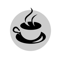 Minimalist black coffee cup icon with steam on a grey circle background. Hot beverage symbol for a cafe or morning break concept.