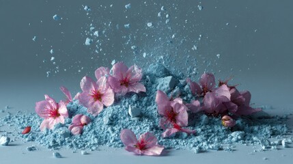 Delicate pink blossoms scattered on a mound of blue powder, evoking spring and softness