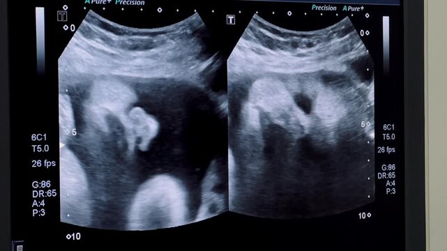2D Ultrasound display of 30 weeks pregnant. Fetus ultrasound image that show important organs.	
