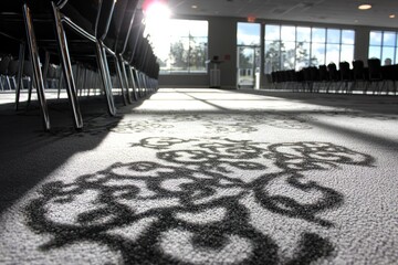 Conference room carpet, rows of chairs, sunbeams
