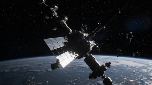 Broken Solar Panels on Long Silent Station Rotating Over Earth