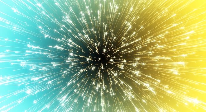 Energetic burst of light particles in blue and yellow gradient background for designs