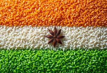 Close up of colorful grains arranged in stripes with a star anise centerpiece symbolizing vibrant