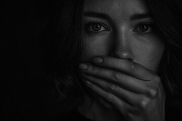 A woman with her hand covering her mouth, monochrome background,