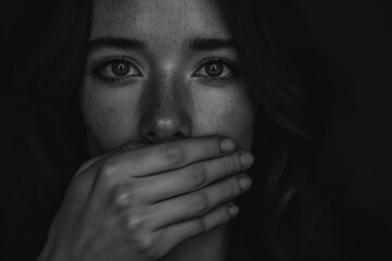 A woman with her hand covering her mouth, monochrome background,