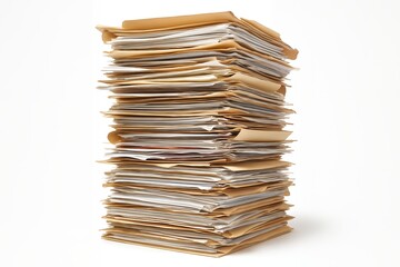 High stack of brown file folders and papers are arranged neatly on a white background, concept for office administration, document management and accounting tasks and legal paperwork