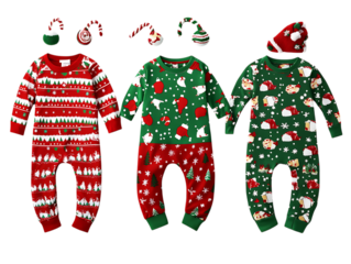 Three festive christmas pajamas for children with matching hats isolated on transparent background