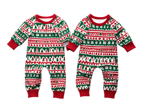 Two festive christmas pajamas with a fair isle pattern isolated on transparent background