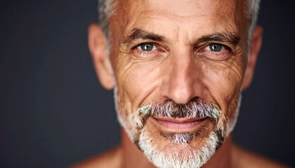 Close-up portrait of a mature man with graying hair and beard, slightly smiling, against a dark background