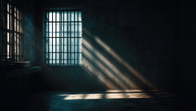 Sunlight streams through barred , illuminating a dark, empty room, casting shadows on the rough, aged walls.