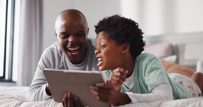 Black family, dad and tablet with child in bed for entertainment or online subscription in home. Happy father, son and laughing with technology for morning, funny games or humor together in bedroom