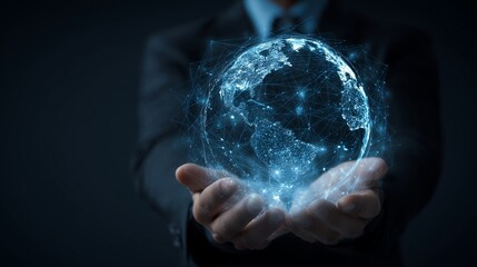 A businessman holds a glowing digital globe hologram, showcasing interconnected continents and futuristic grid pattern, highlighting global connectivity, technology, and innovation.
