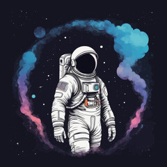 Astronaut in Space Suit Surrounded by Colorful Nebula Clouds and Distant Stars