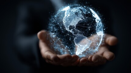A businessman holds a glowing digital globe hologram, showcasing interconnected continents and futuristic grid pattern, highlighting global connectivity, technology, and innovation.