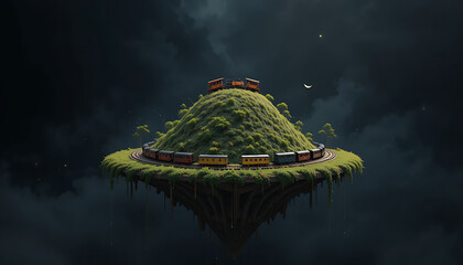 Tiny train circling around a hill on a floating platform in a black void – Choti Duniya theme