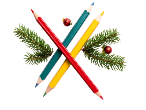 Four colored pencils forming a tic tac toe game with christmas tree branches and baubles isolated on transparent background