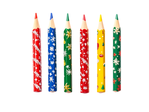Six colorful patterned pencils standing upright in a row isolated on transparent background