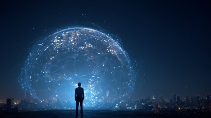 Businessman standing in front of a holographic digital Earth, representing the concept of global network and connectivity. The background is a blue night scene with the silhouette of a cityscape
