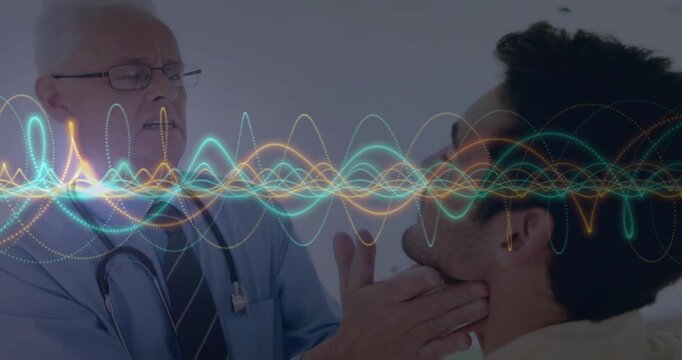 Doctor tilting patient head for lymph node check while animated waveforms spanning exam room frame